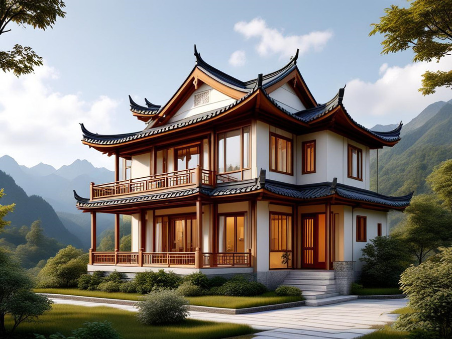 一栋搭建在山区的三层新中式风格的轻钢别墅